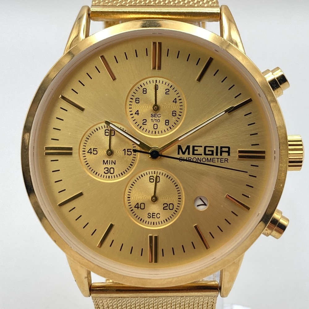 Megir Men's Chronograph Watch 43mm Gold Tone Date Mesh Band WR New Battery